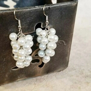 Hand Crafted White Glass Pearl Beads Grape Cluster Cascade Earrings